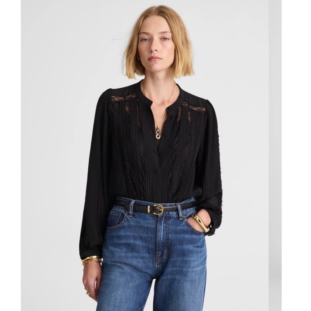 NWT Madewell Lace Insert Button Up Long Sleeve Top White Small Sheer Feminine - Picture 3 of 10